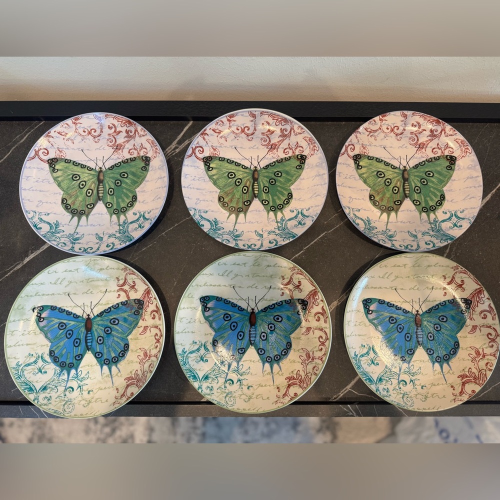 Tim Coffey Fanciful Butterfly Desert Plates Set - Green and Blue